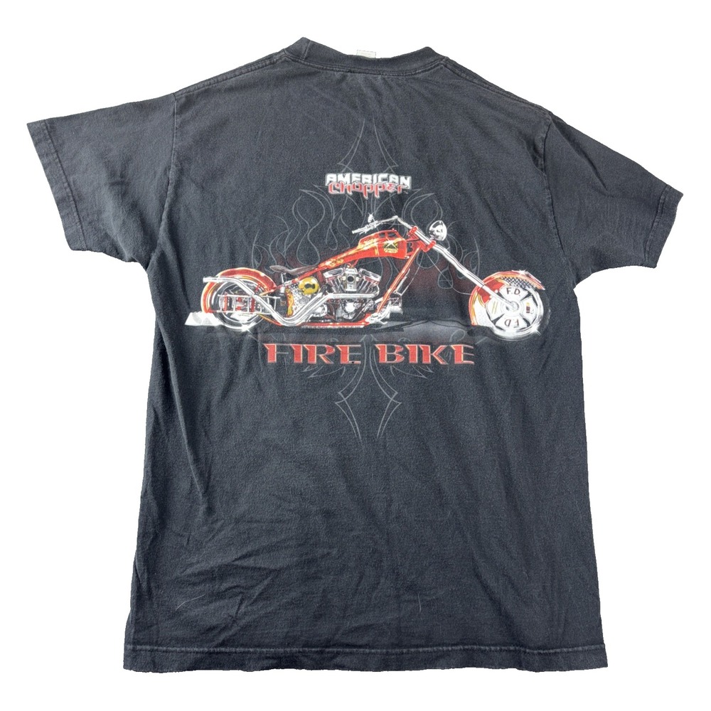 American Chopper Men Size Large T-shirt Black 2004 label NYCF Fire Chopper Bike
